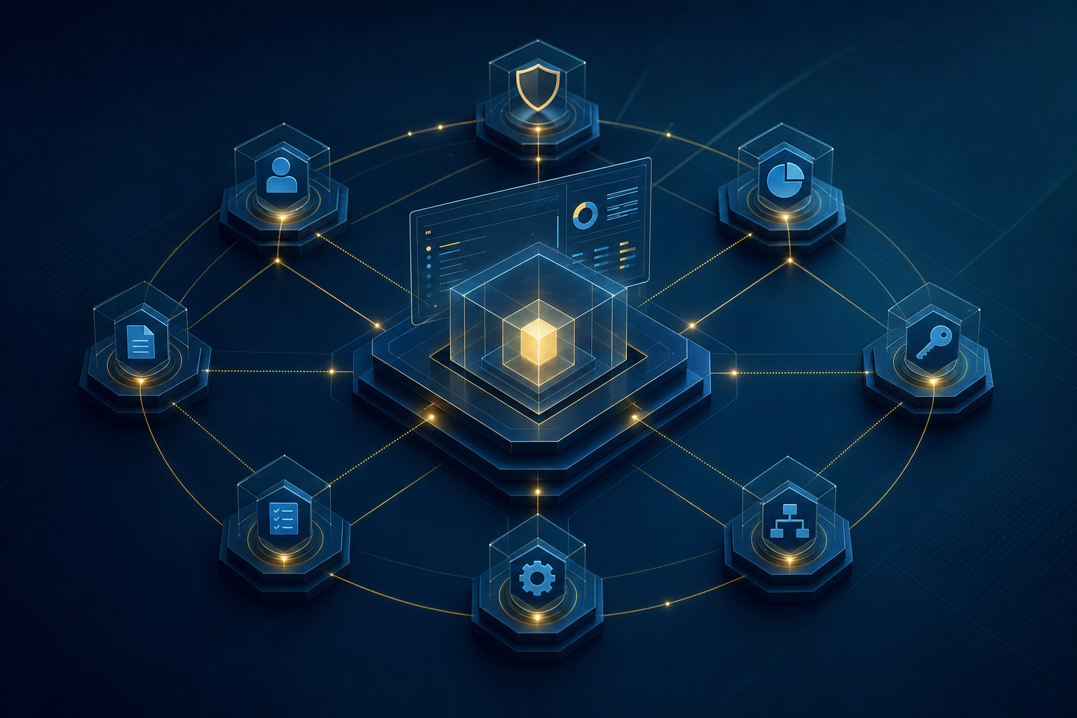 Réseau géométrique abstrait de nœuds interconnectés sur fond bleu marine — gouvernance des agents IA, visualisation de plan de contrôle Microsoft Agent 365