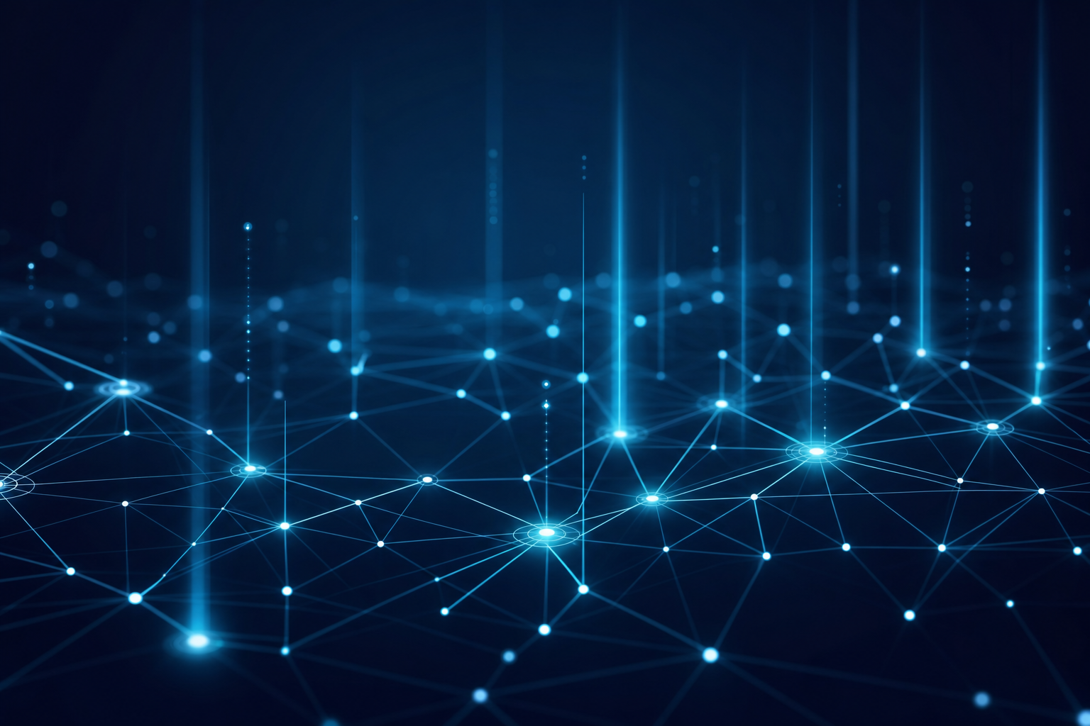 Réseau géométrique bleu interconnecté, fond sombre, faisceaux lumineux évoquant flux de données et IA