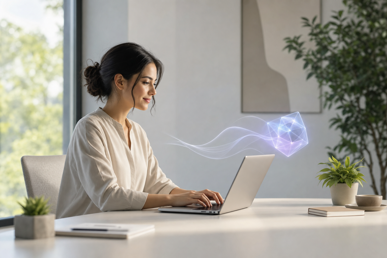 Illustration conceptuelle d'agents IA collaborant avec des professionnels dans un environnement de bureau PME