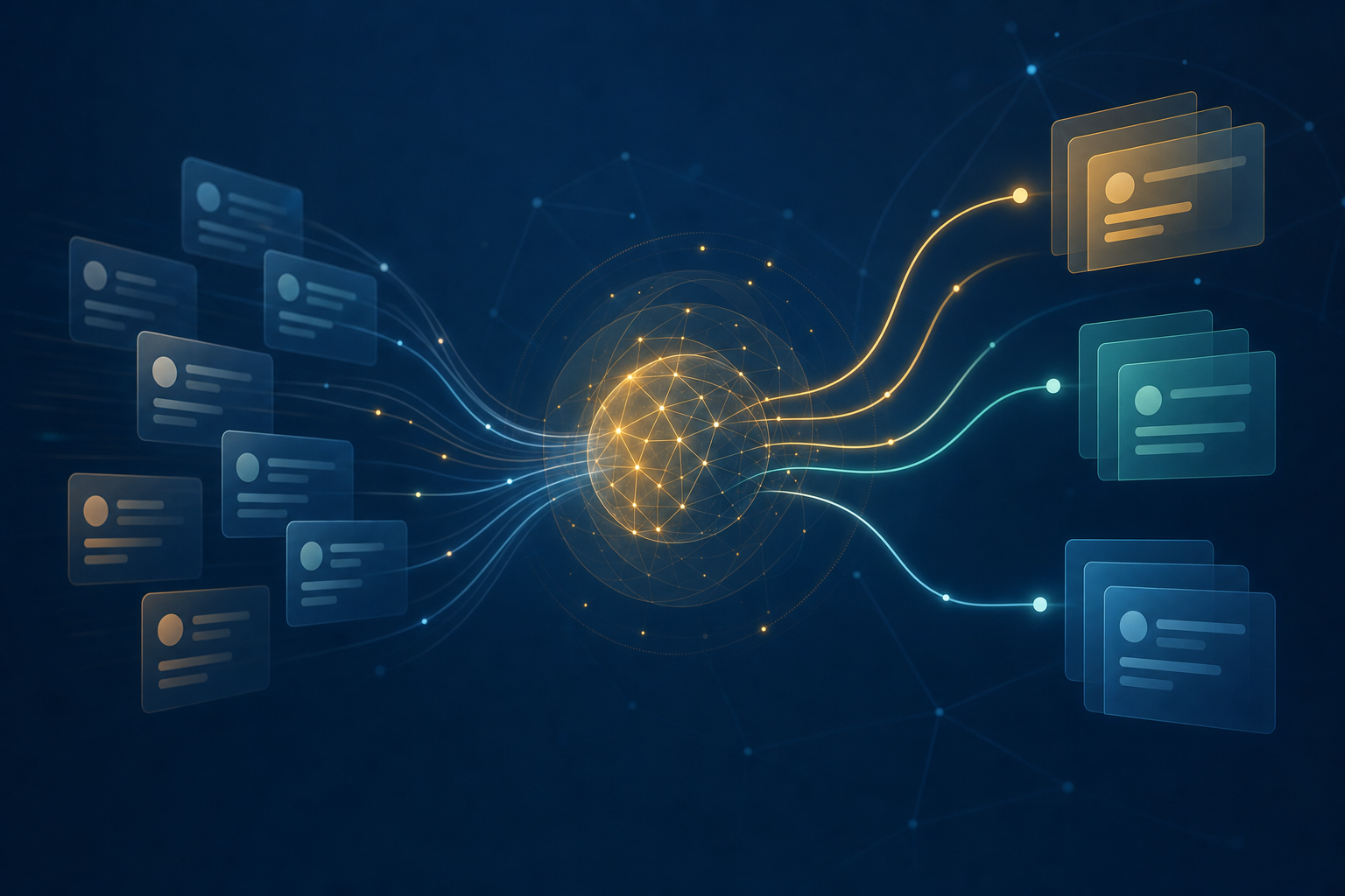 Réseau de nœuds lumineux sur fond bleu nuit — flux de demandes de service client acheminées par un système intelligent