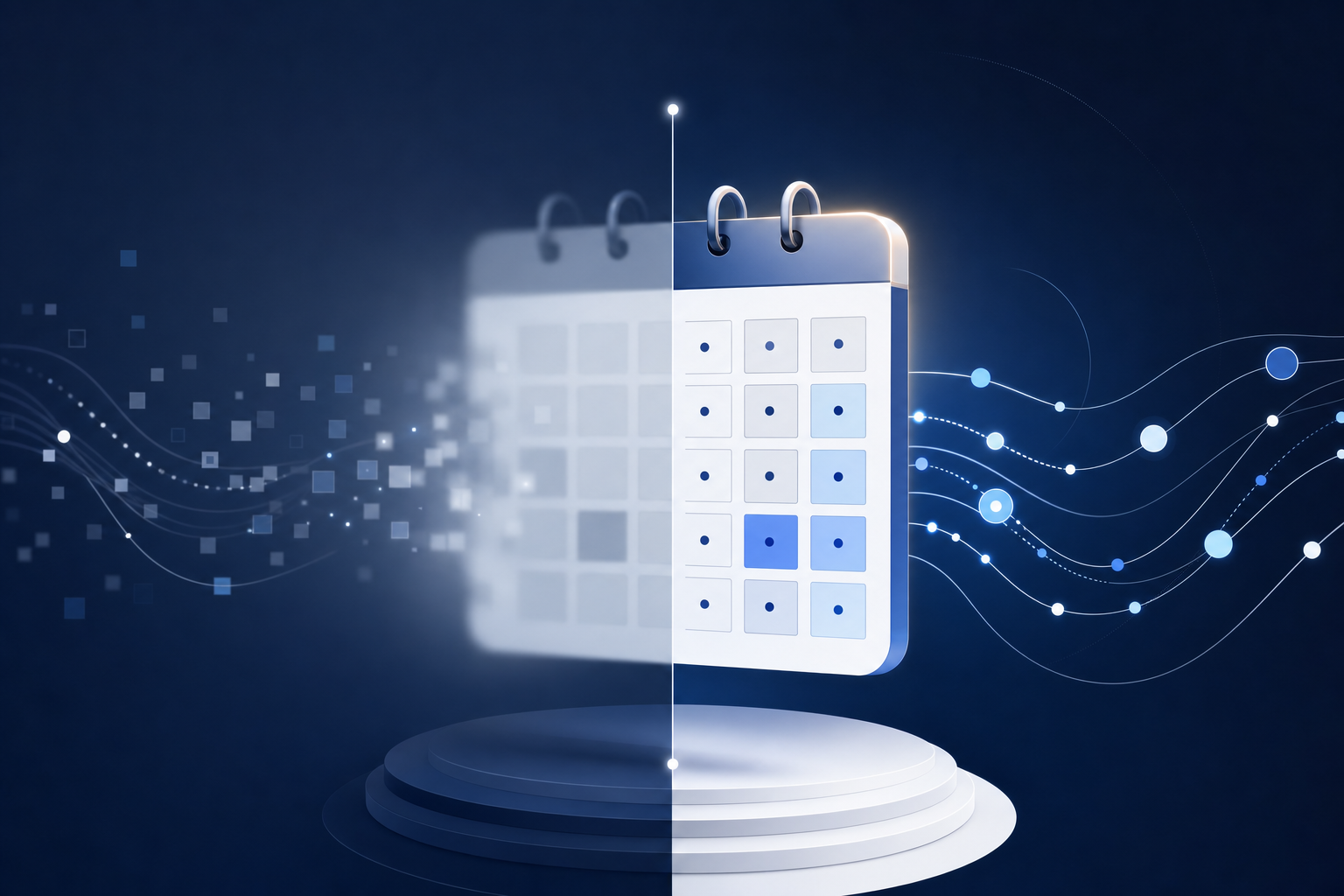 Calendrier géométrique scindé — obligations floutées, transparence nette — sur fond bleu marine professionnel