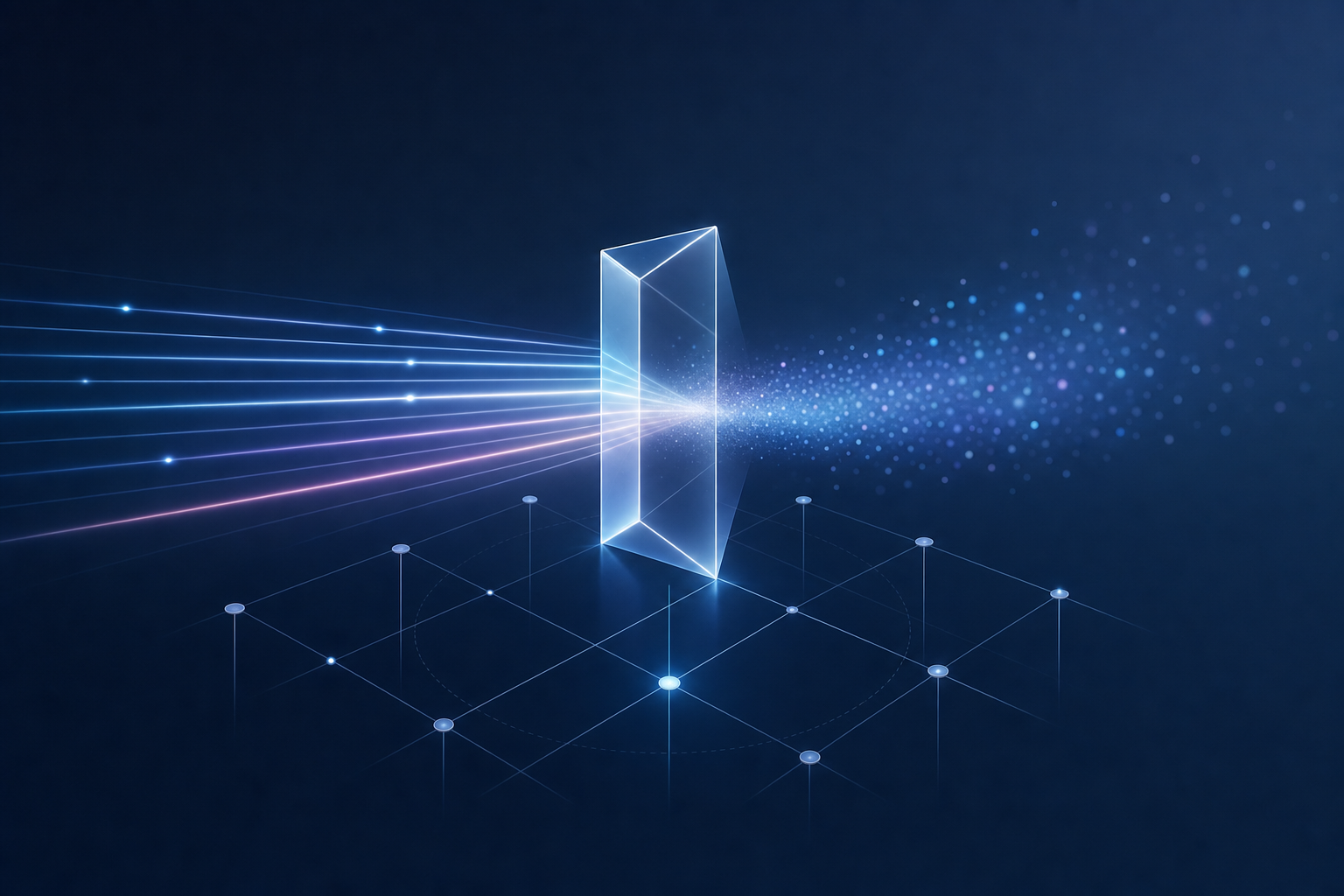 Prisme géométrique lumineux filtrant des flux de données sur fond dégradé bleu marine — illustration conceptuelle de l'évaluation d'outils IA, style professionnel SaaS épuré
