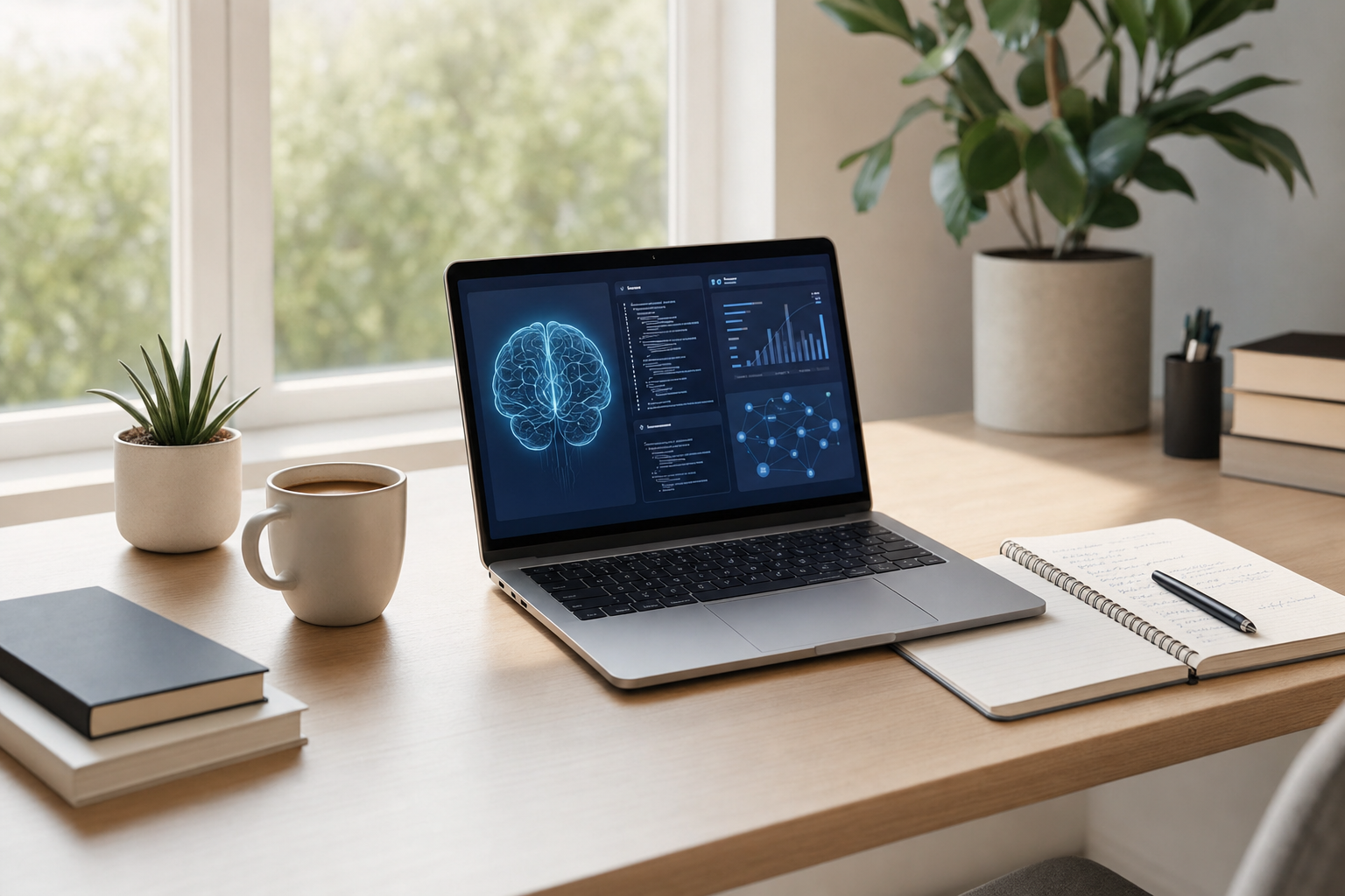 Un espace de travail propre et minimaliste avec un ordinateur portable affichant une interface d'IA, un carnet de notes et une tasse de café. Ambiance calme et concentrée, idéale pour apprendre.
