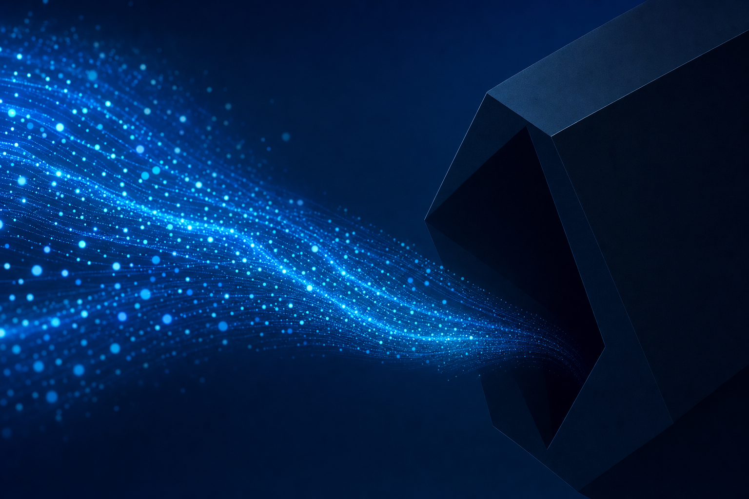Flux lumineux cyan absorbé par une masse sombre géométrique — productivité IA et travail invisible