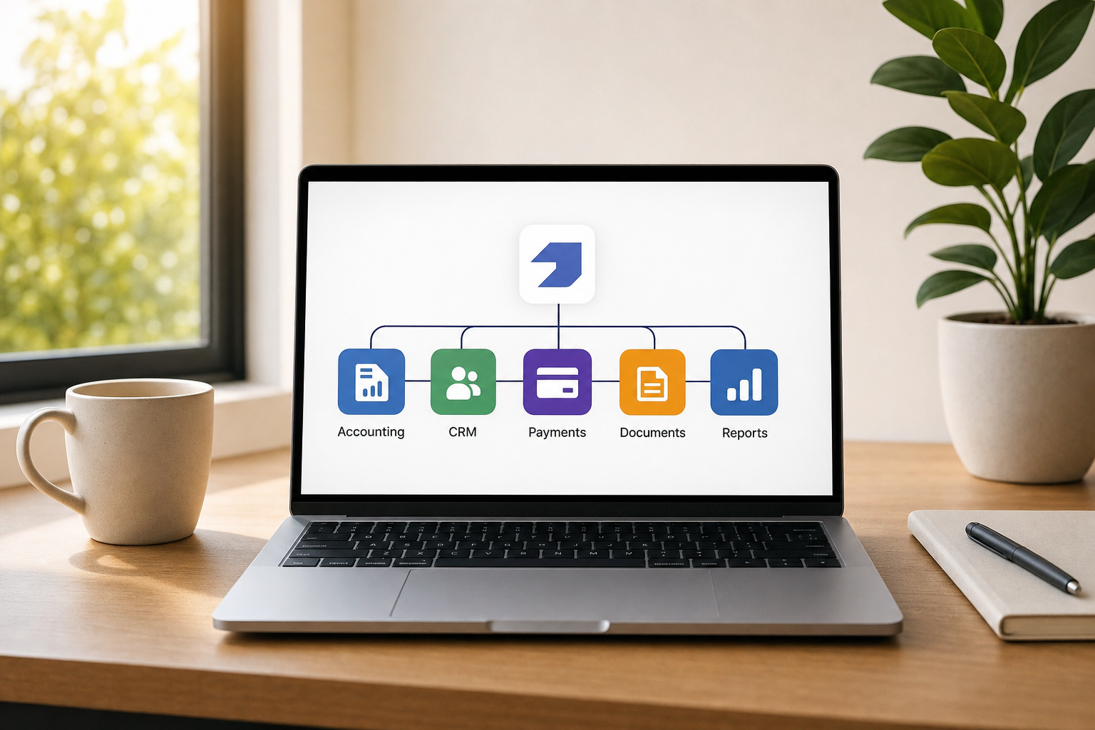 Espace de travail professionnel minimaliste avec un ordinateur portable affichant des icônes abstraites connectées représentant les outils PME — comptabilité, CRM, paiements, documents