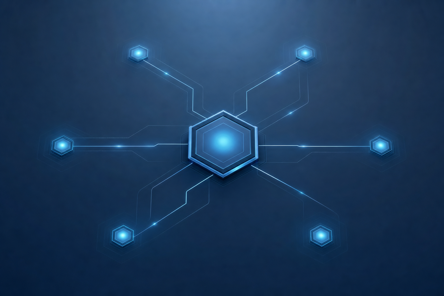 Hub central hexagonal avec nœuds lumineux cyan sur fond marine dégradé — orchestration agent IA