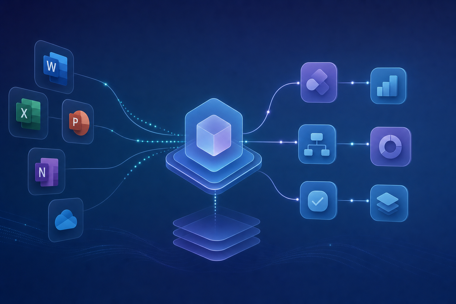 Composition géométrique abstraite représentant un hub central interconnecté avec des applications Microsoft 365 et des flux de données, sur fond bleu marine dégradé, évoquant la création d'agents IA dans un écosystème professionnel