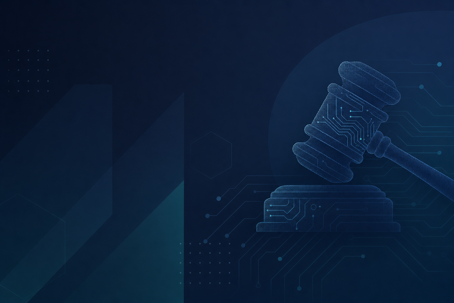 Illustration abstraite évoquant la régulation des technologies : formes géométriques en dégradé bleu nuit, évocation d'un cadre réglementaire pesant sur l'IA.