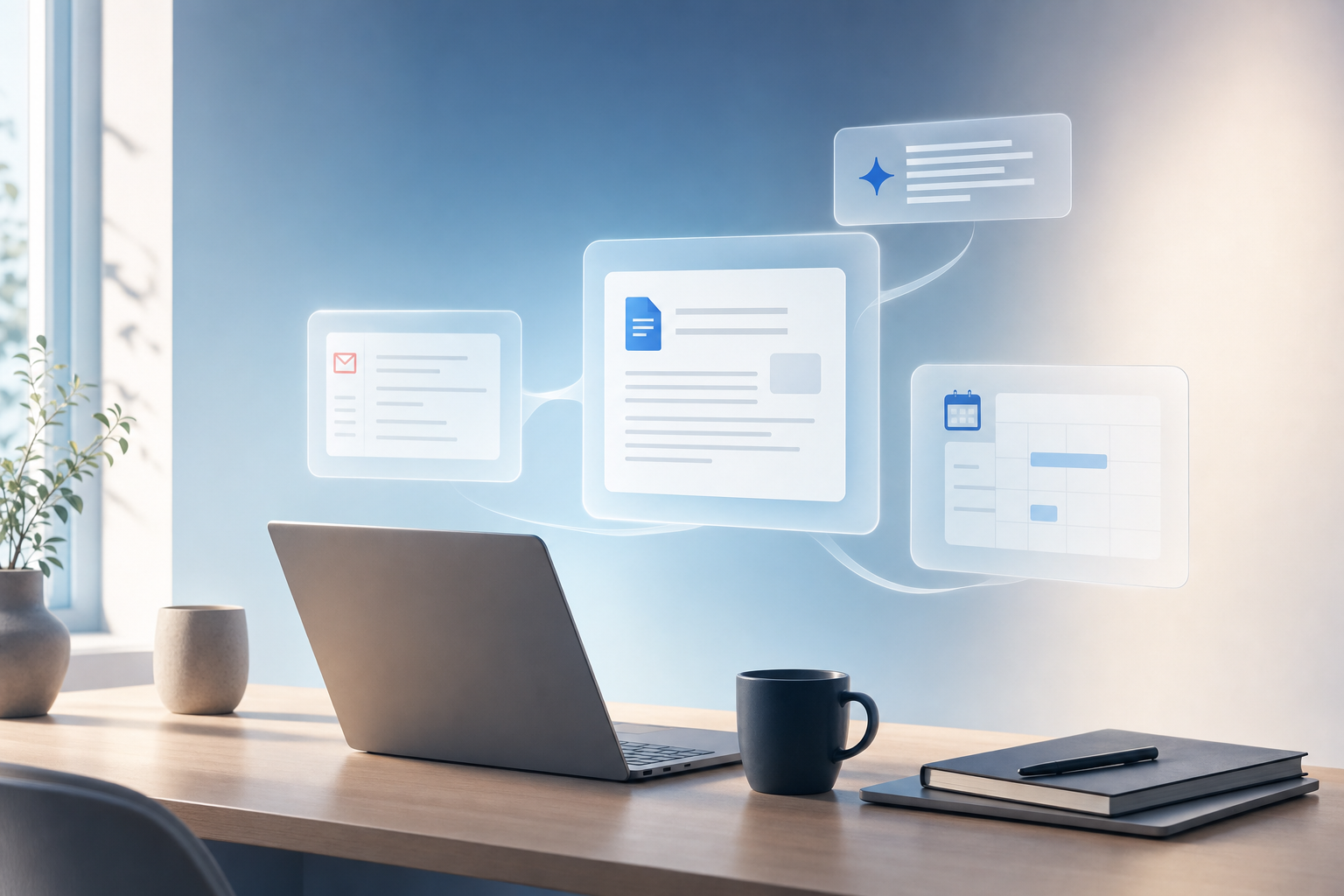Illustration abstraite d'un espace de travail numérique avec flux de données connectant documents, emails et calendriers — style professionnel épuré, ambiance bureau moderne