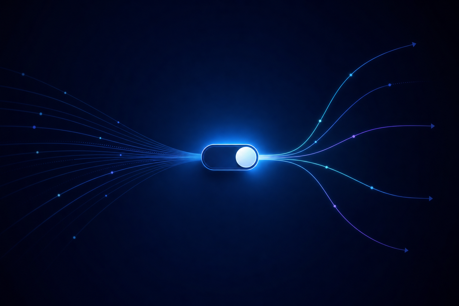 Bouton de contrôle lumineux au centre, flux de données entrant à gauche, cinq trajectoires divergentes à droite — contrôle éditorial face aux résumés IA