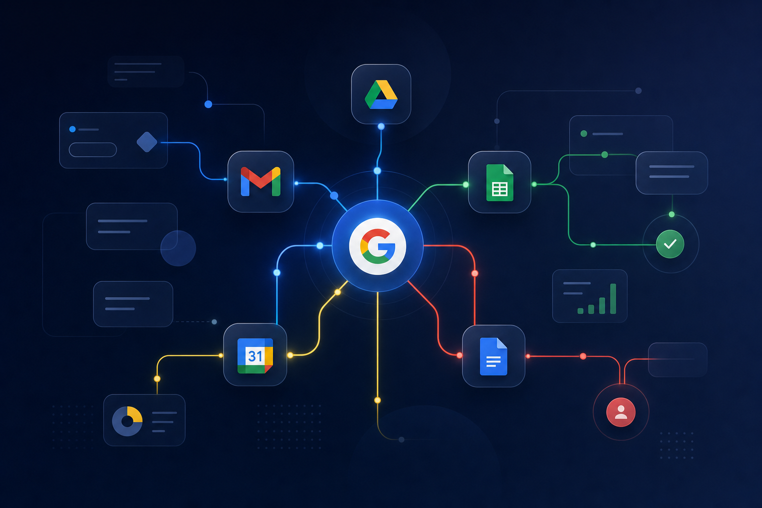 Composition géométrique abstraite représentant l’automatisation de flux de travail par agents IA dans Google Workspace — fond dégradé bleu nuit avec accents de couleurs Google