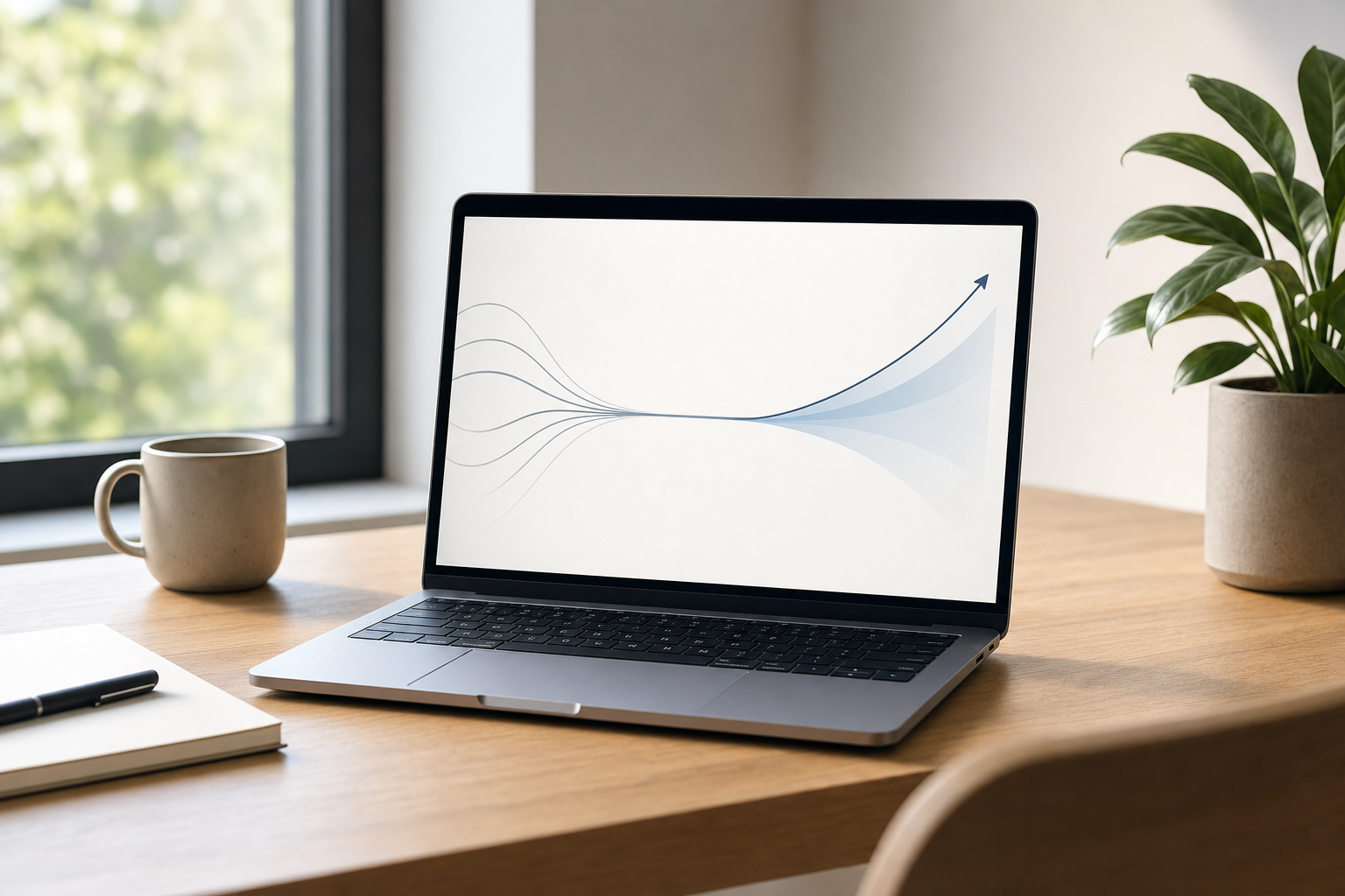 Espace de travail professionnel minimaliste avec ordinateur portable affichant une visualisation abstraite de données — mise à niveau du modèle GPT-5.5 Instant