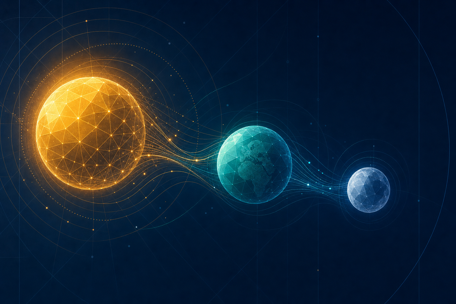 Trois orbes lumineux or, cyan et argent reliés par des flux de données sur fond bleu nuit — gamme Sol, Terra, Luna