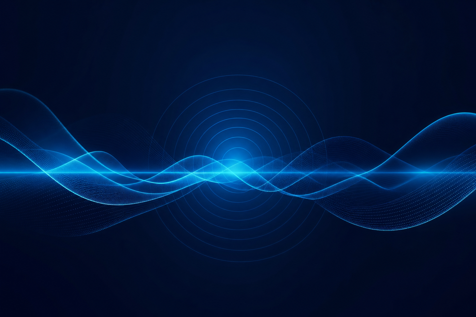 Ondes sonores cyan sur fond bleu marine — interface IA vocale et communication en temps réel