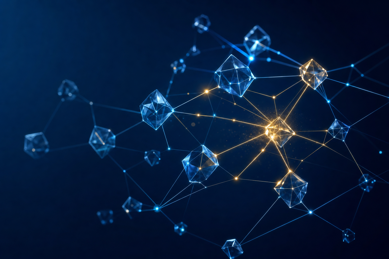 Noeuds cristallins interconnectés cyan et or sur fond bleu marine, mémoire et continuité IA