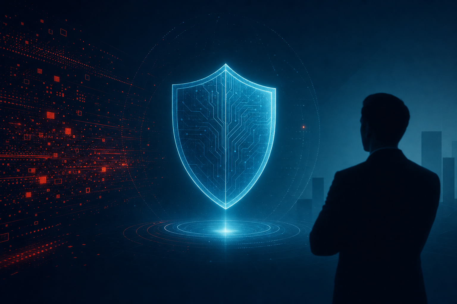 Illustration abstraite d’un bouclier numérique protégeant une entreprise contre des flux de données malveillants — fond bleu nuit, accents orange, style professionnel épuré, ambiance cybersécurité B2B
