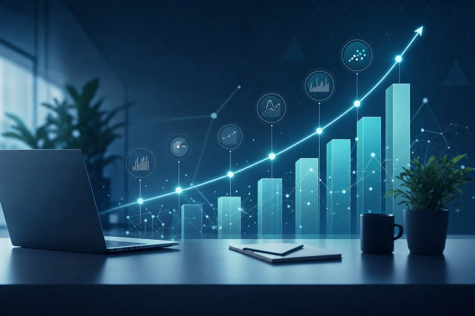 Graphique abstrait de croissance ascendante avec lignes et nœuds de données lumineux sur fond bleu foncé, représentant l'analyse du retour sur investissement de l'IA pour les PME