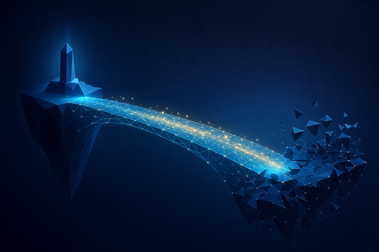 Deux formes géométriques reliées par un pont lumineux cyan sur fond bleu marine — alignement, adoption IA, équipes PME