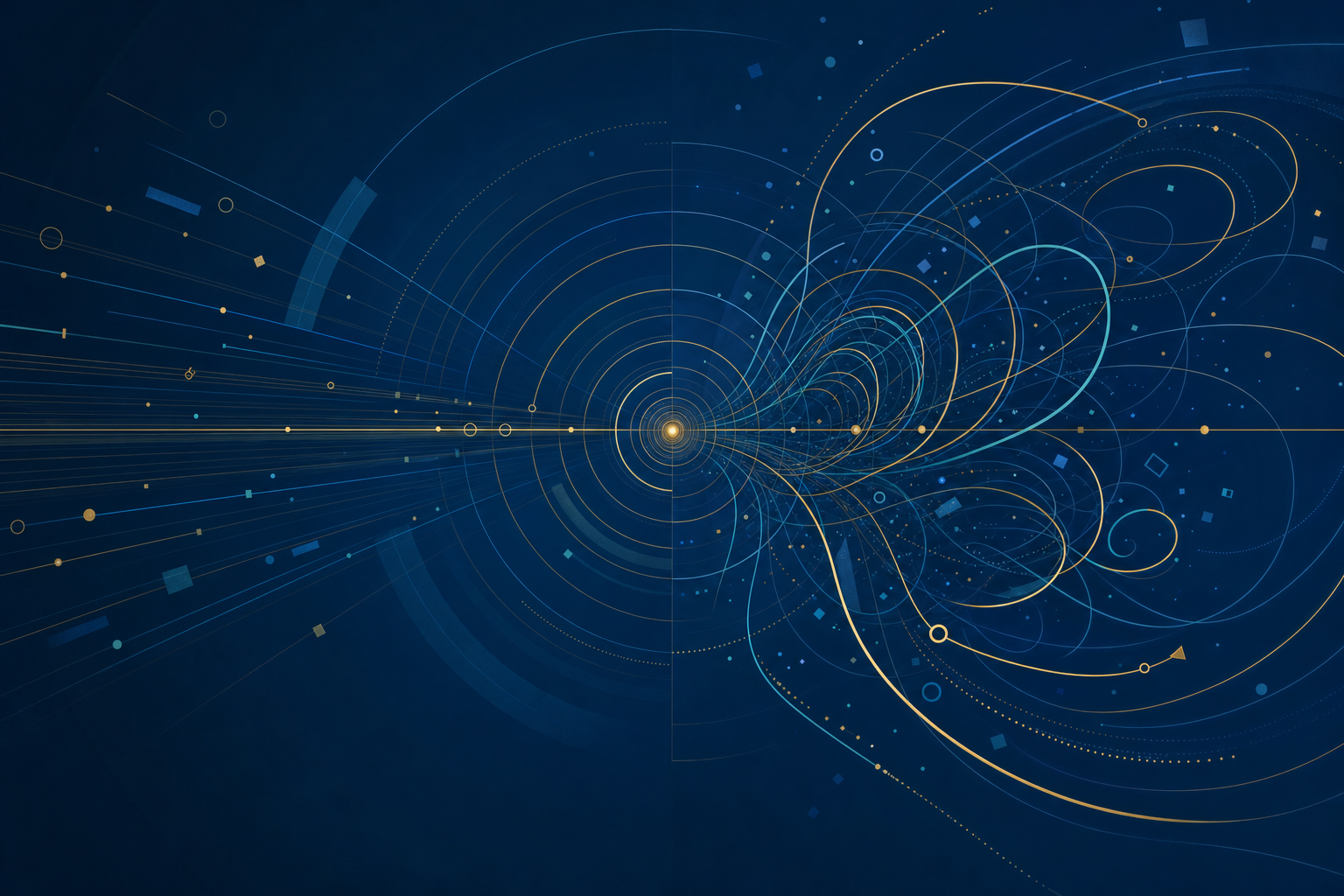 Cercles concentriques bleus et or sur fond marine, expansion maîtrisée ou dérapage, paradoxe productivité IA
