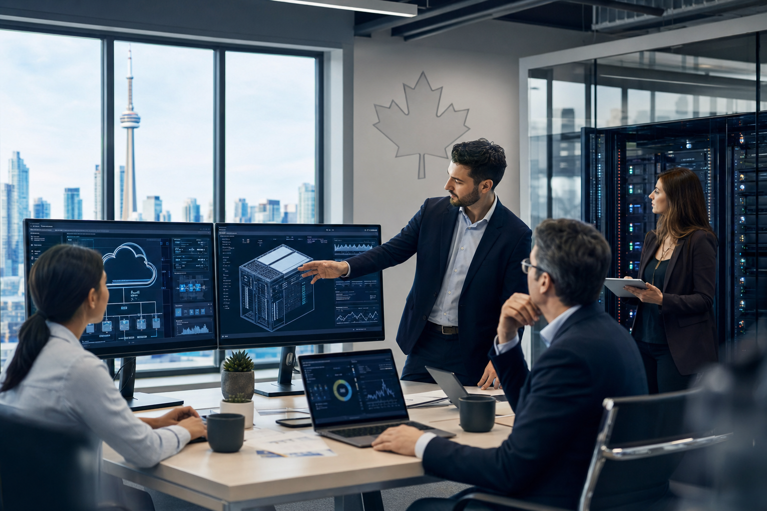 Bureau de PME canadienne moderne avec technologies IA — illustration professionnelle B2B