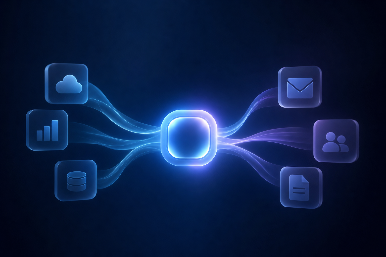 Composition abstraite représentant la connectivité universelle entre l'IA et les outils métier — protocole MCP