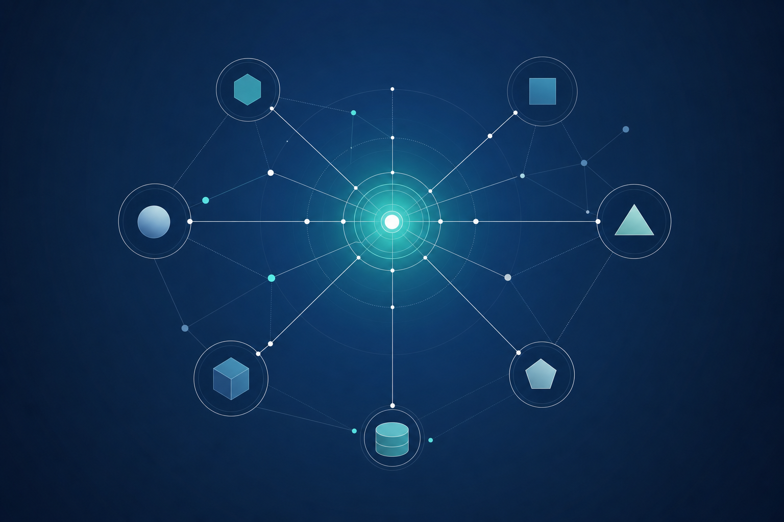 Agent IA autonome connectant des applications Microsoft 365, composition géométrique sobre bleu marine et blanc