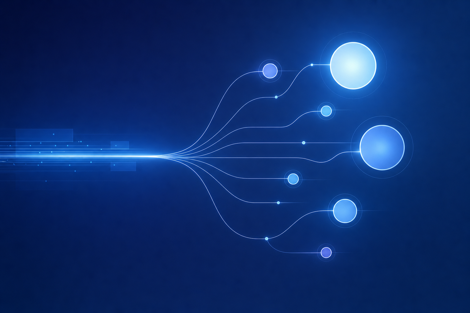 Flux lumineux se divisant en nœuds variables sur fond bleu dégradé — optimisation des coûts par model routing