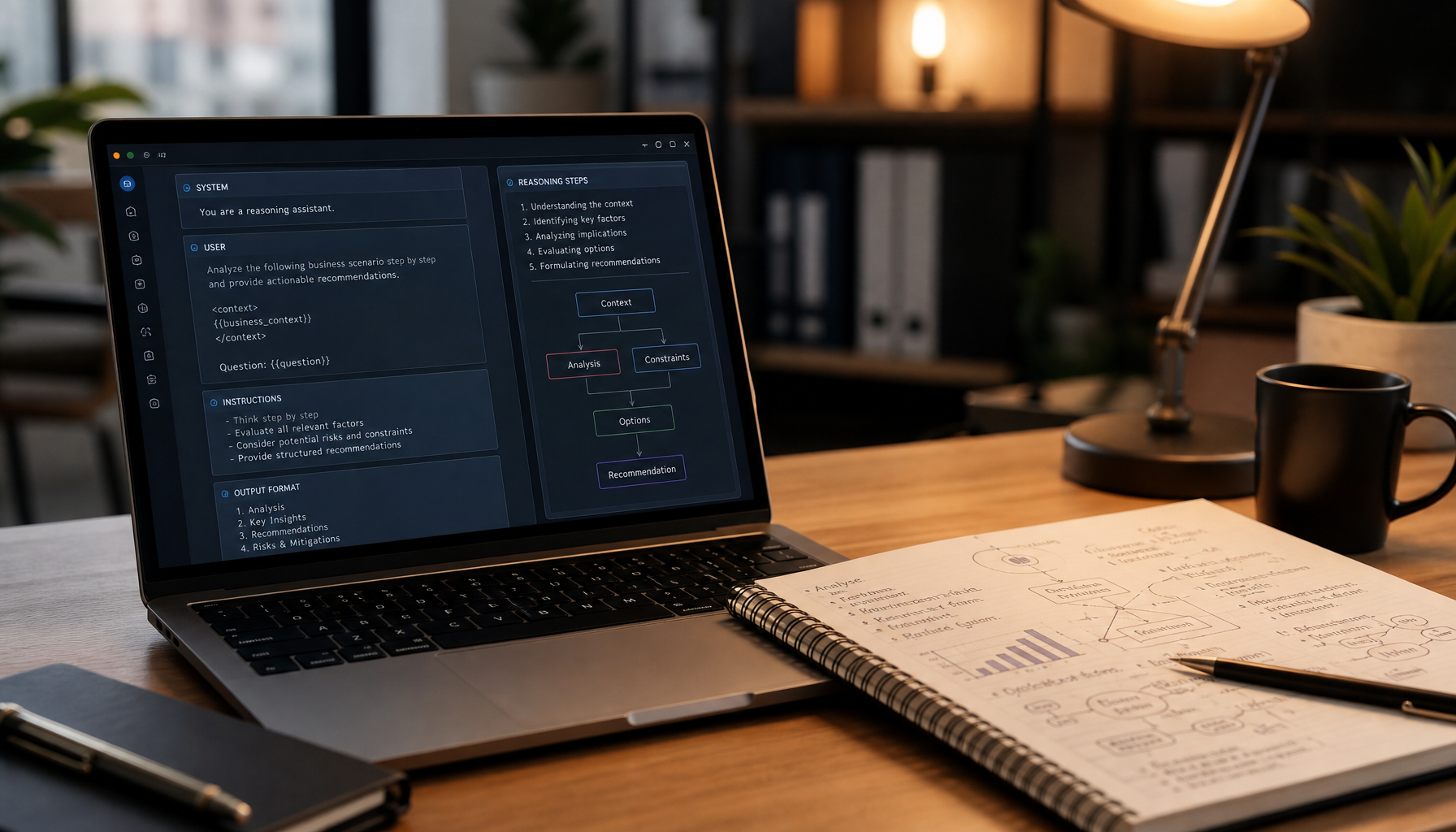 Optimisation de prompts pour modèles de raisonnement IA - style professionnel moderne