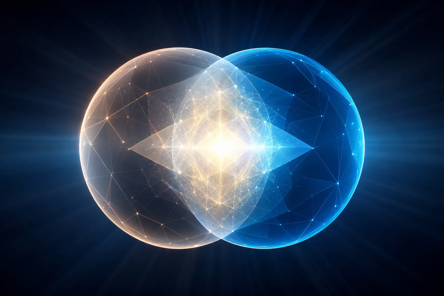 Deux sphères translucides se chevauchant, tons cuivre et bleu cyan sur fond sombre, leur intersection formant un cœur blanc lumineux.
